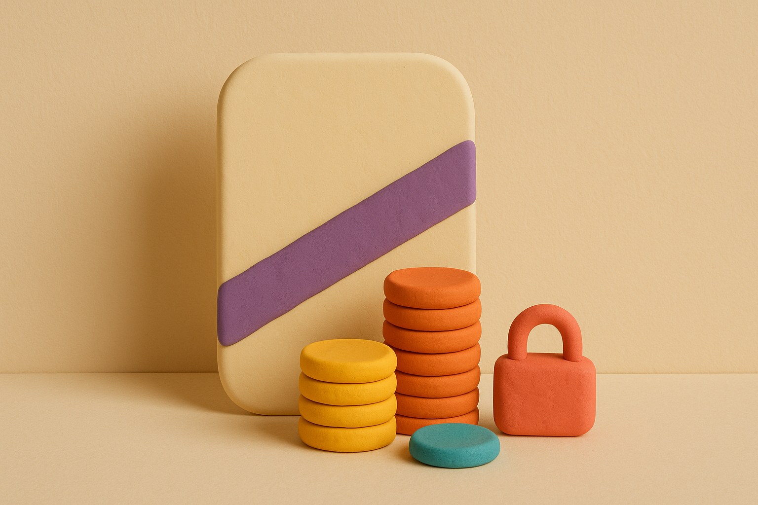 Illustration: a photo crossed by a watermark banner, stacks of credit tokens and a padlock