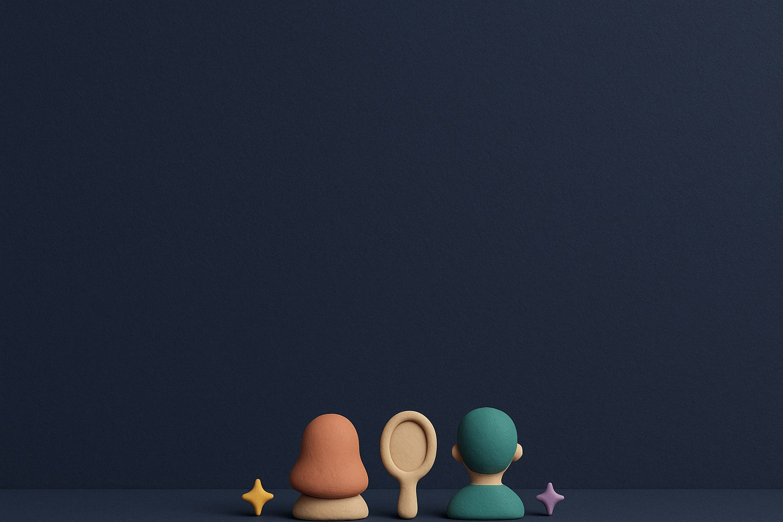 Illustration 3D en pate a modeler : deux bustes stylises avec des coiffures differentes de part et d autre d un miroir