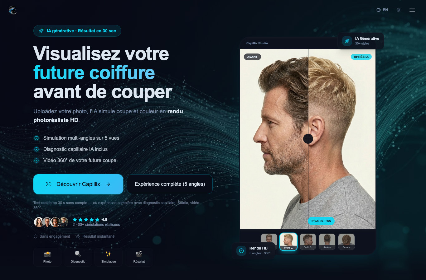 Capture d ecran de la page d accueil de Capillix, simulateur de coiffure IA francais avec rendu sur cinq angles