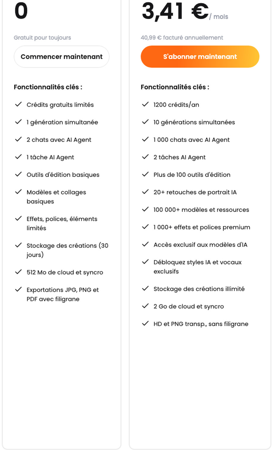 Capture de la page tarifs Fotor : le plan Basic gratuit exporte en JPG PNG et PDF avec filigrane