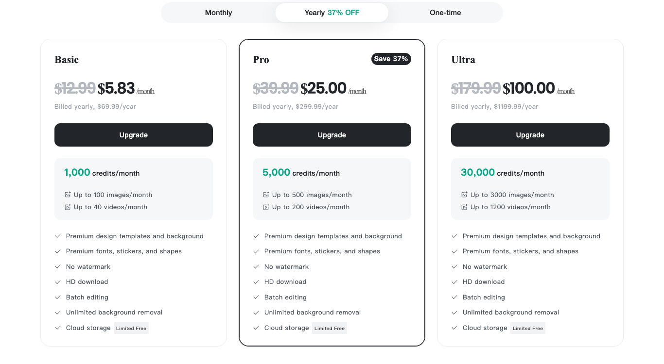 Screenshot of the insMind pricing page showing the Basic, Pro and Ultra plans with no free tier