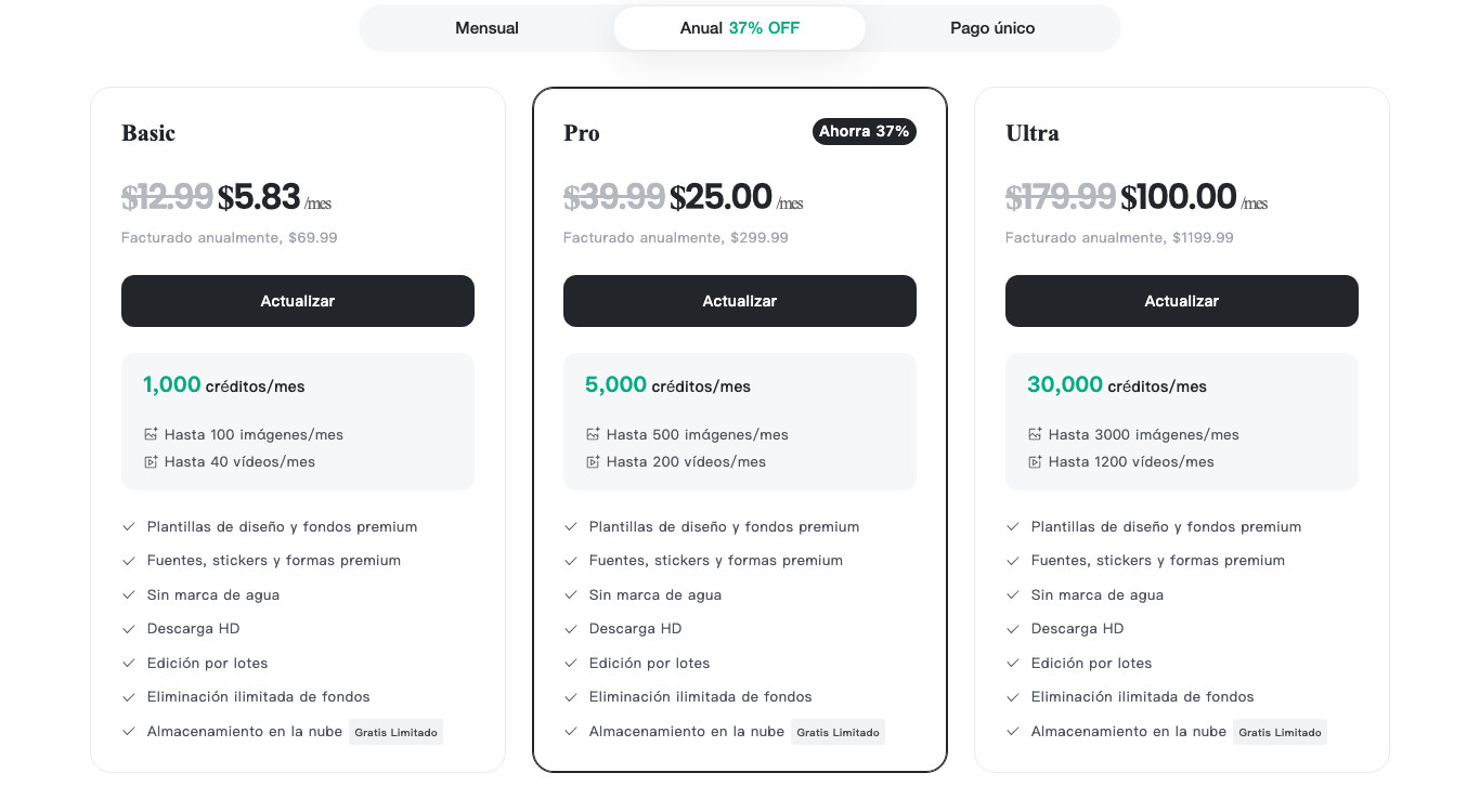 Captura de pantalla de la página de precios de insMind con los planes Basic, Pro y Ultra y ningún plan gratuito