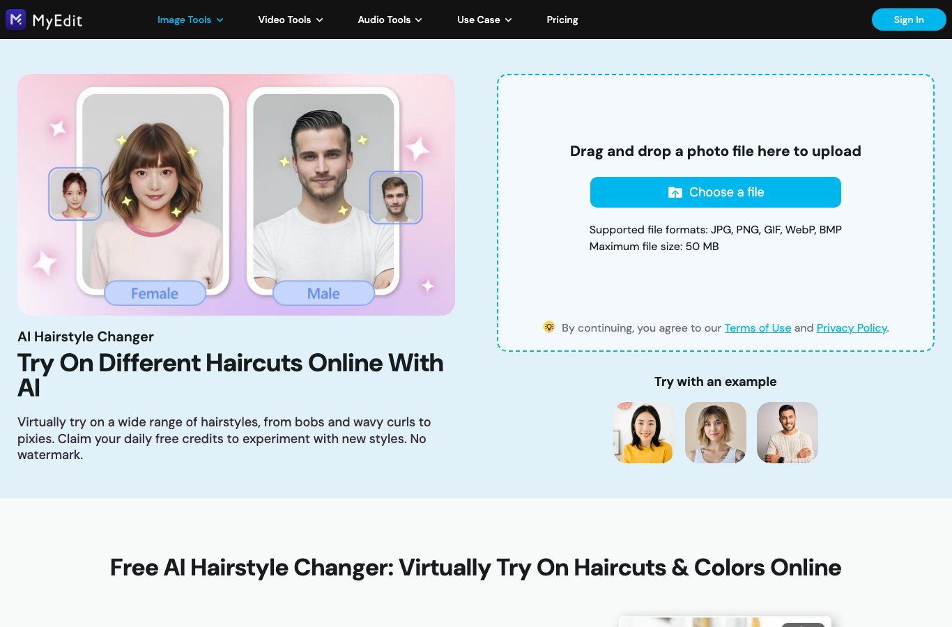 Screenshot of the MyEdit AI Hairstyle Changer with the drag and drop photo upload area