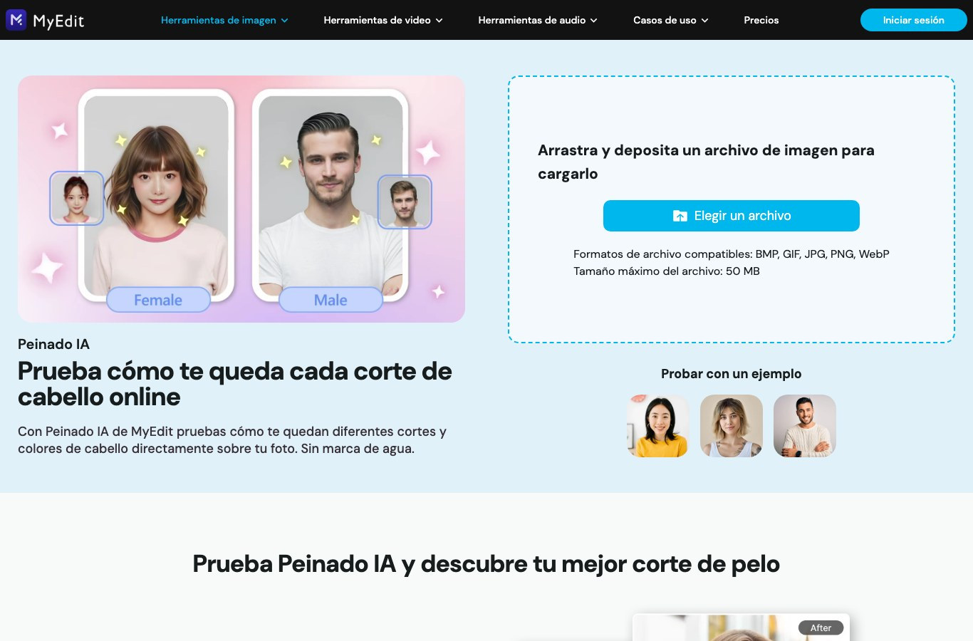 Captura de pantalla del simulador de corte de pelo con IA de MyEdit con la zona para arrastrar la foto