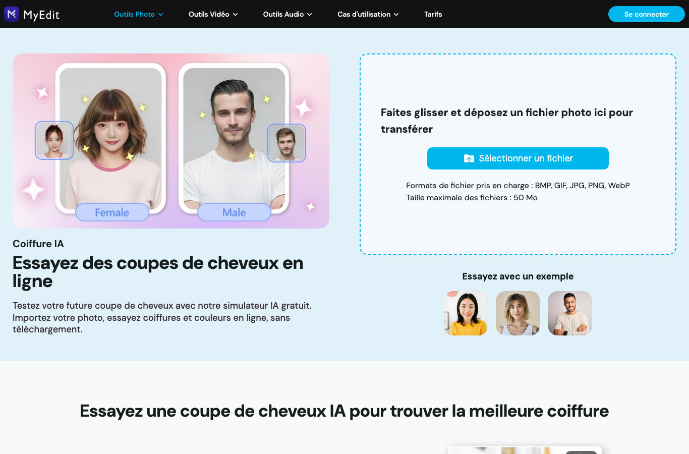 Capture d ecran du simulateur de coupe de cheveux IA de MyEdit avec la zone de depot de photo