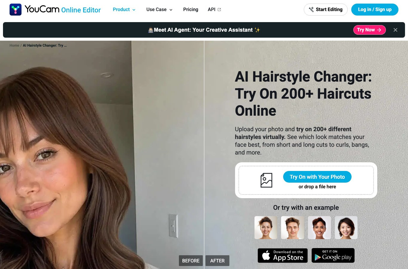 Screenshot of the YouCam AI Hairstyle Changer with the Try On with Your Photo upload area and four example portraits