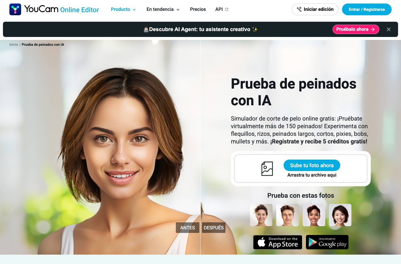 Captura de pantalla del simulador de peinados con IA de YouCam con la zona para subir la foto y cuatro ejemplos