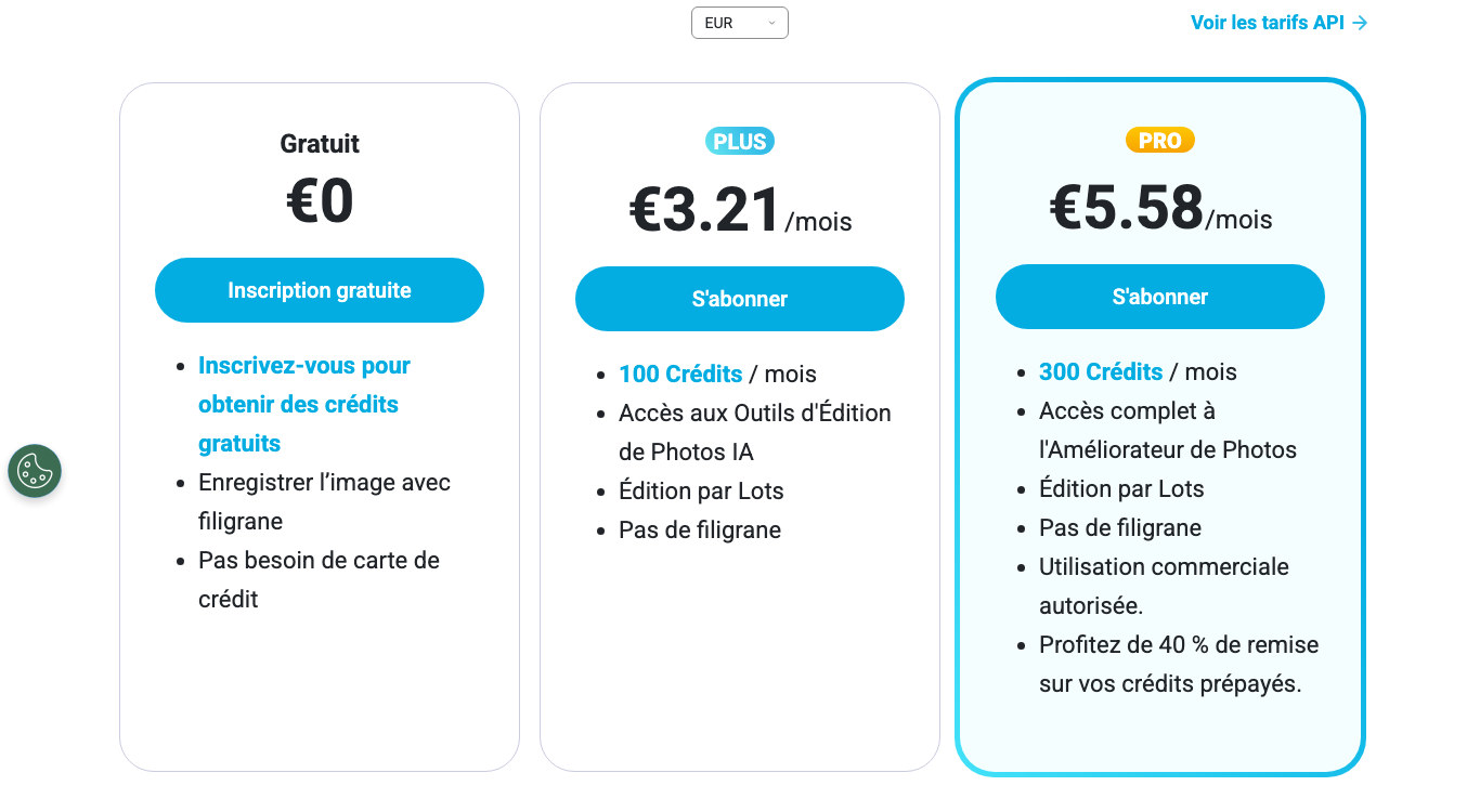 Capture de la page tarifs YouCam : plan Gratuit a 0 euro avec enregistrement de l image avec filigrane
