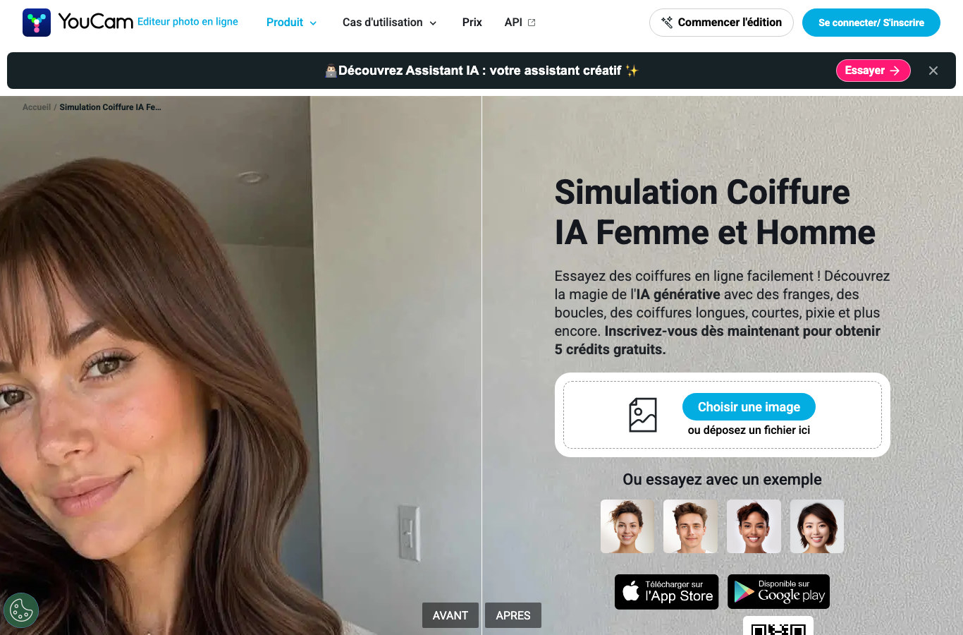 Capture d ecran du simulateur de coiffure IA de YouCam avec la zone d import de photo et quatre exemples
