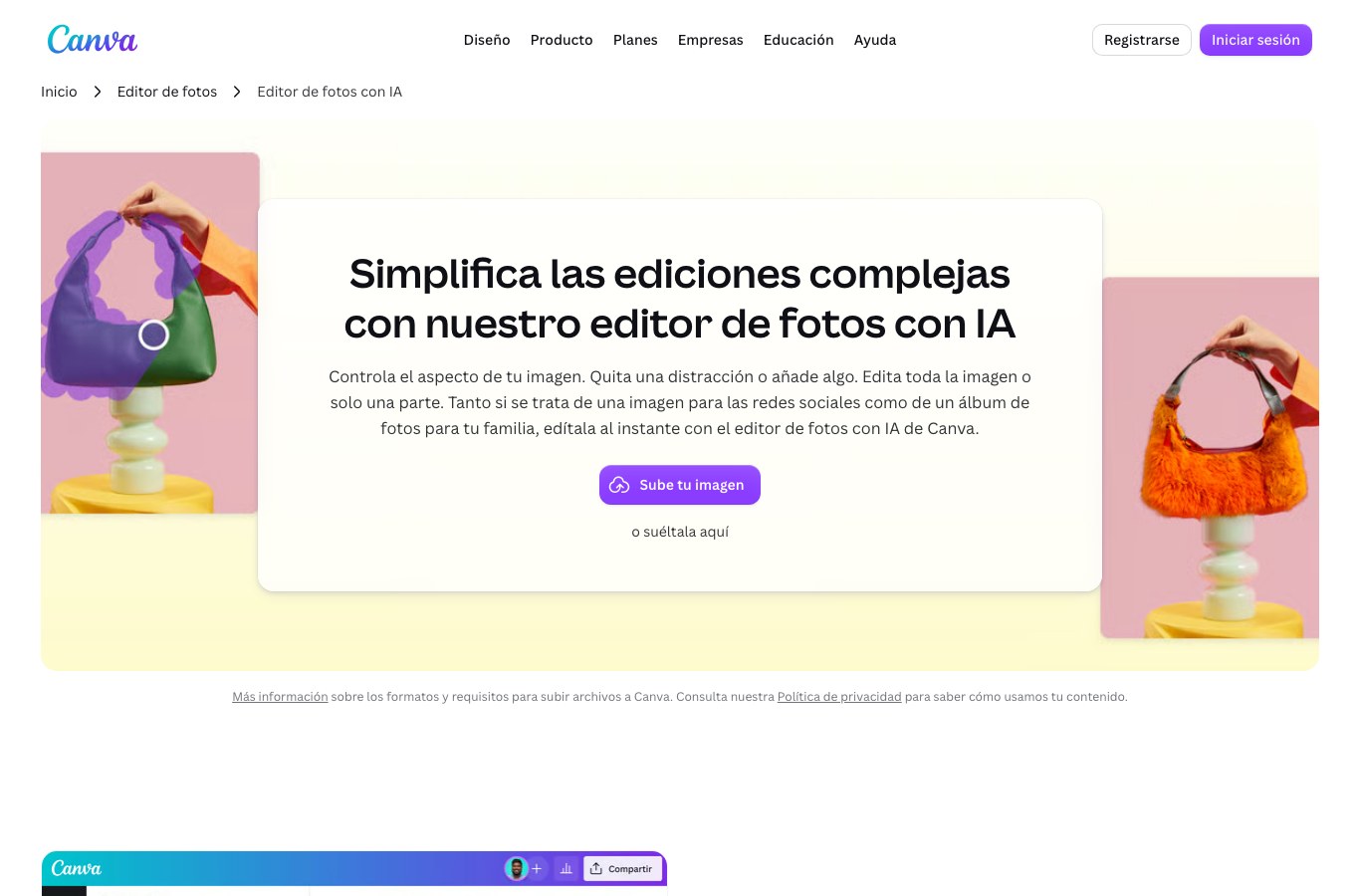 Editor de fotos con IA de Canva en español: subir una imagen y retocarla con herramientas asistidas por IA