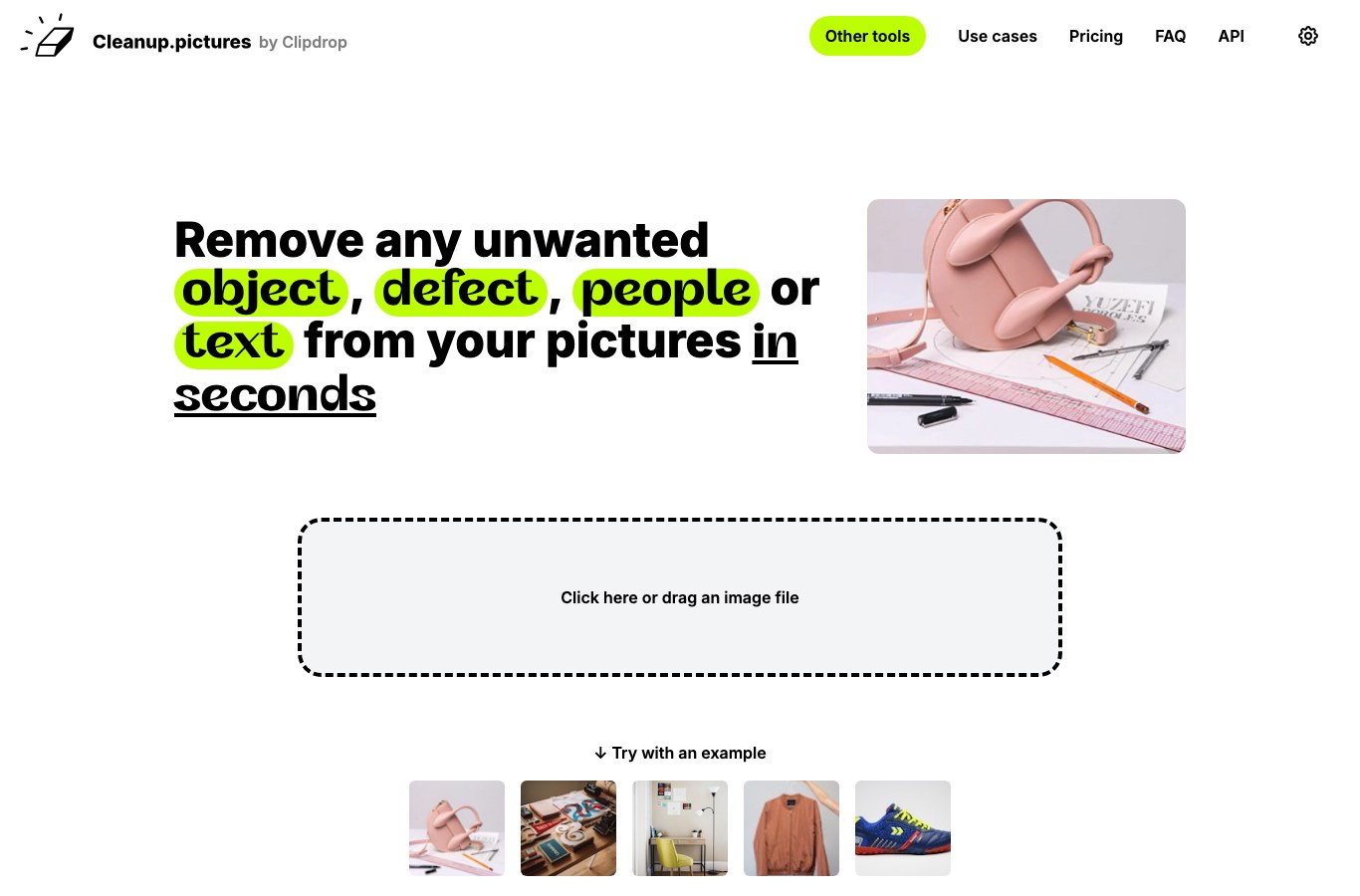 Interface de Cleanup.pictures : effacer un objet, un défaut, une personne ou un texte d'une photo gratuitement