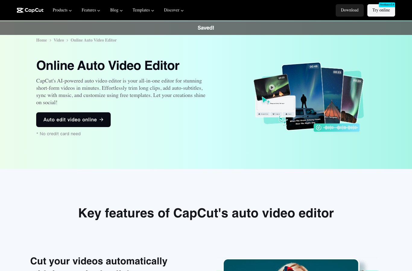 Screenshot of the CapCut online auto video editor page