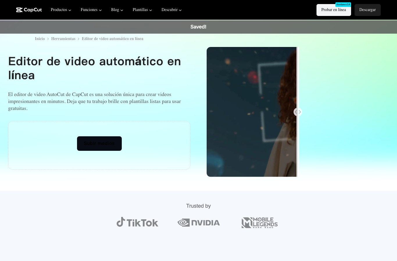 Captura de pantalla del editor de video automatico en linea de CapCut en espanol