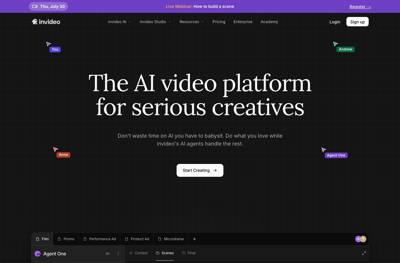 Screenshot of the InVideo AI home page and its AI agents workspace