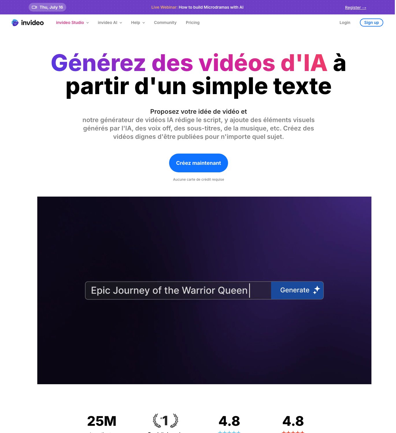 Capture d'écran d'InVideo AI générant une vidéo à partir d'une simple phrase