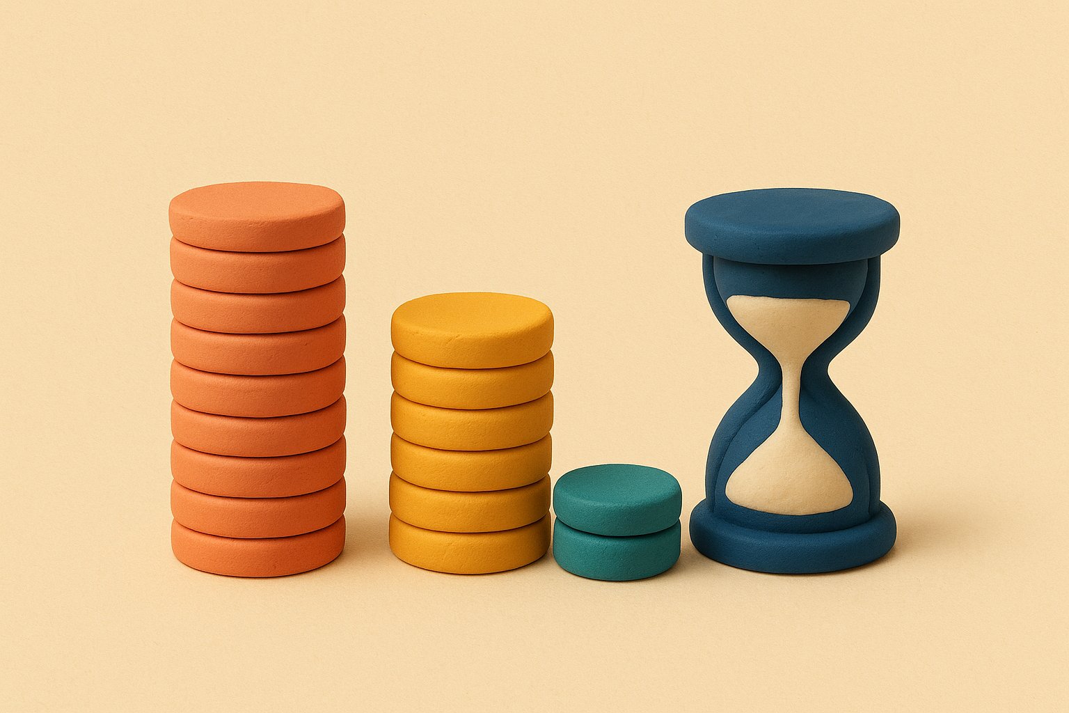 Three stacks of tokens of very different sizes next to an hourglass, illustrating how far apart the free quotas of AI music generators are