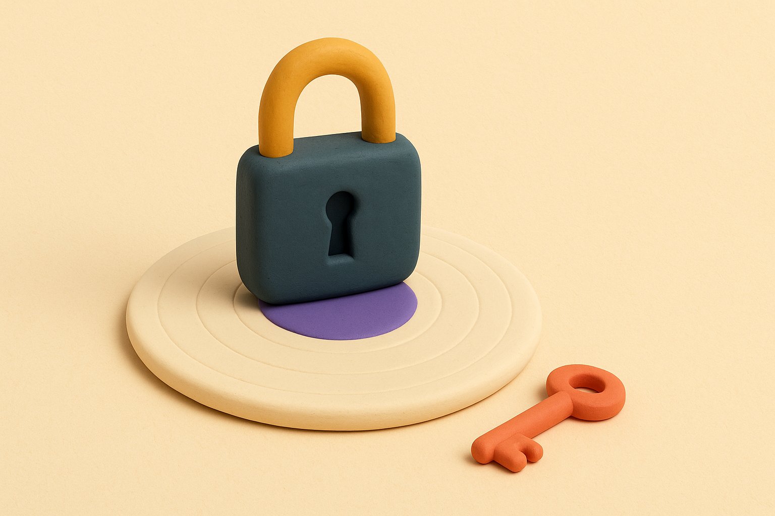 A closed padlock resting on a vinyl record with a key beside it, illustrating the usage rights locked away on free plans