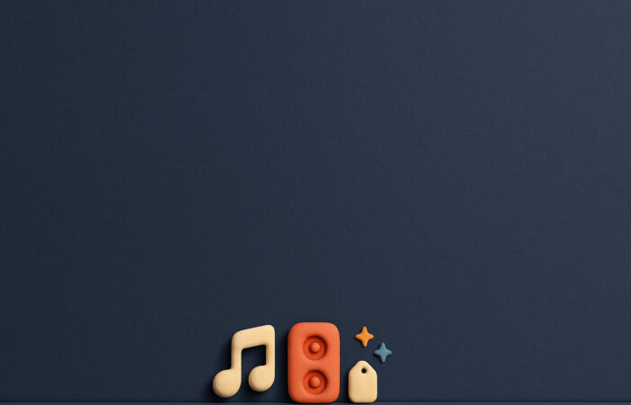 Illustration 3D : une note de musique, une enceinte et une etiquette de prix en pate a modeler sur fond bleu nuit