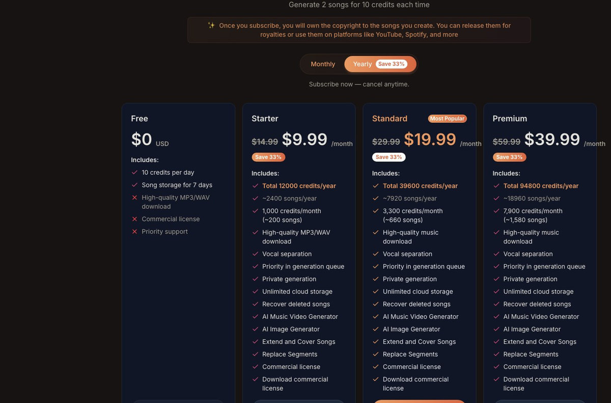 Screenshot of the AISong pricing page in English: the Free plan crosses out high-quality download and the commercial license