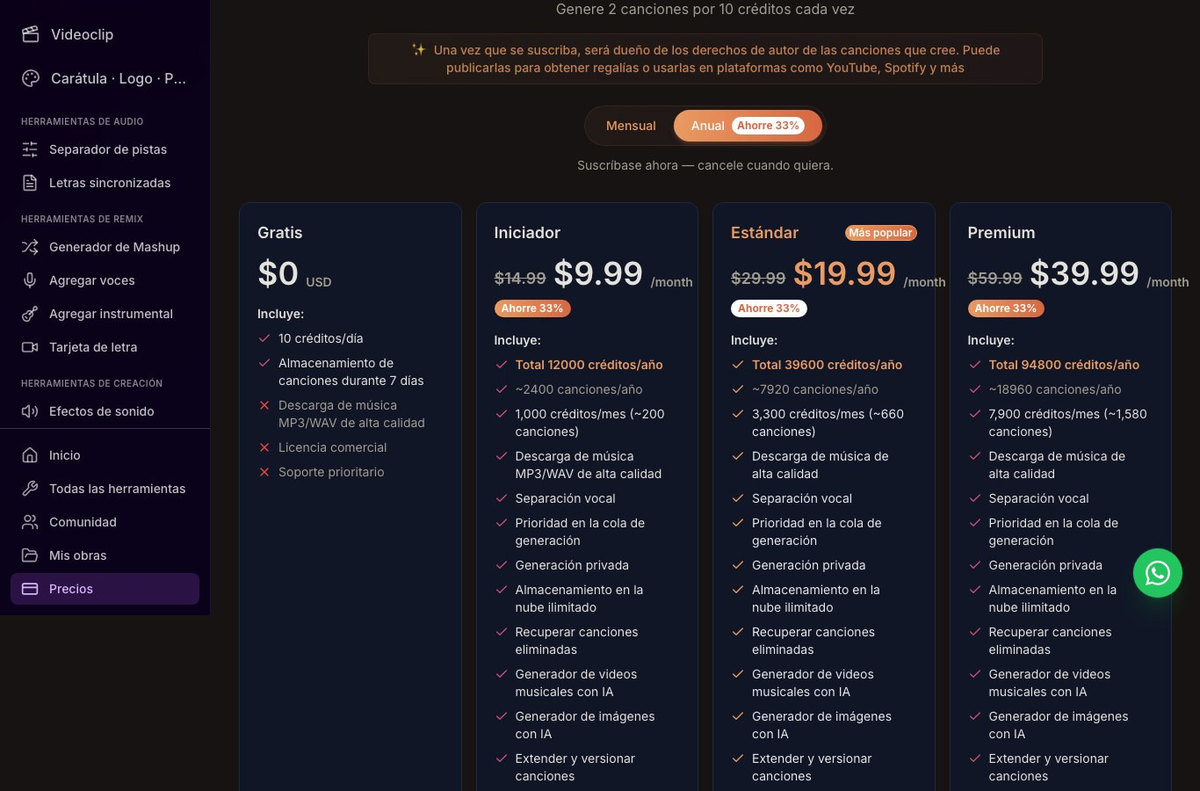 Captura de la página de precios de AISong en español: el plan gratis tacha la descarga en alta calidad y la licencia comercial