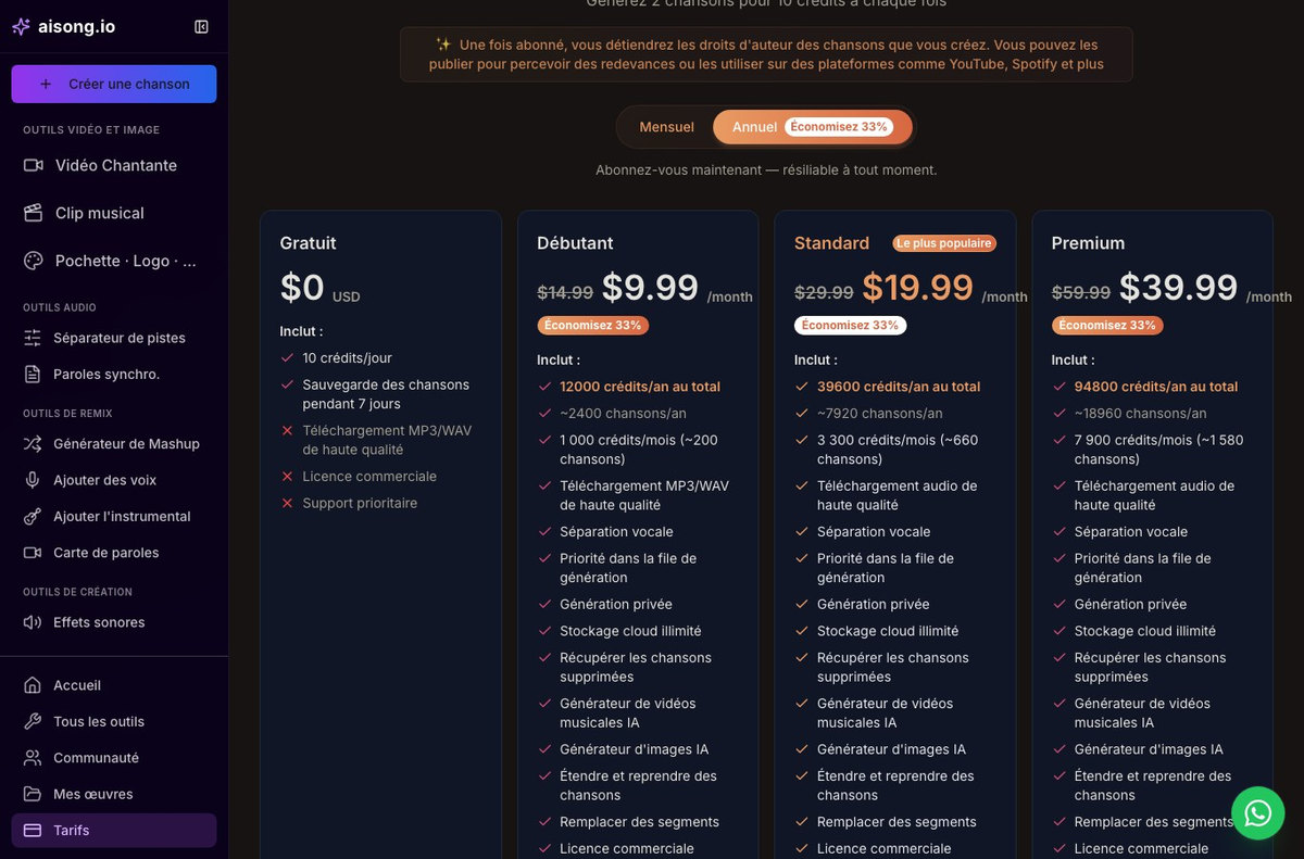 Capture de la page tarifs d'AISong : le plan gratuit barre le telechargement haute qualite et la licence commerciale