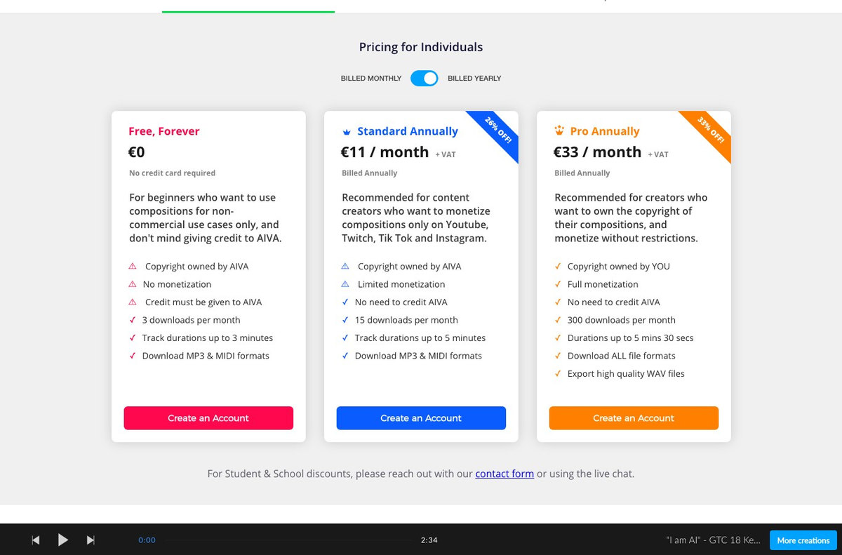 Screenshot of the AIVA pricing page: the free plan is limited to 3 downloads per month, with no monetization and mandatory credit
