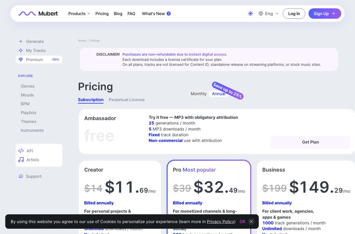 Screenshot of the Mubert pricing page in English showing the free Ambassador plan with 25 generations per month and non-commercial use with attribution