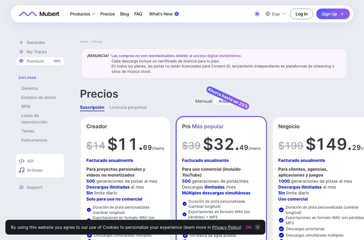 Captura de la página de precios de Mubert en español: la tabla empieza en el plan Creador, sin ninguna columna gratuita