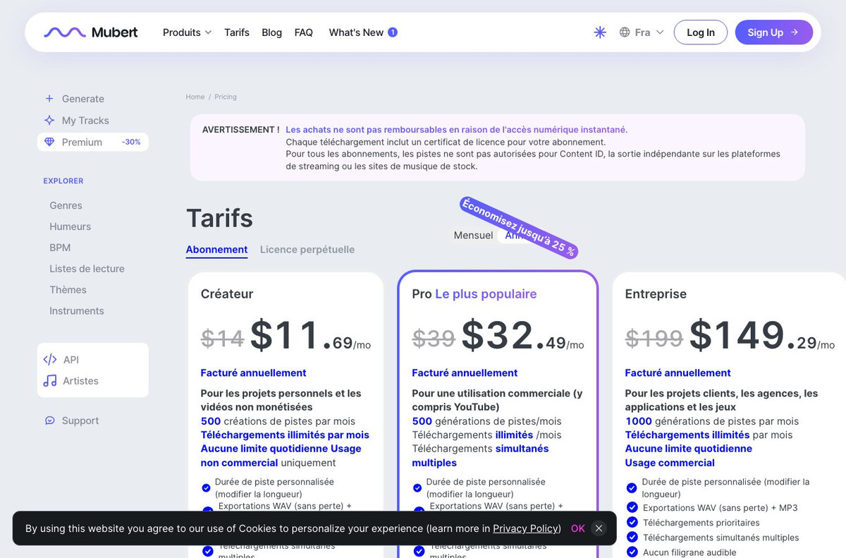 Capture de la page tarifs francaise de Mubert : la grille demarre au plan Createur, sans aucune colonne gratuite
