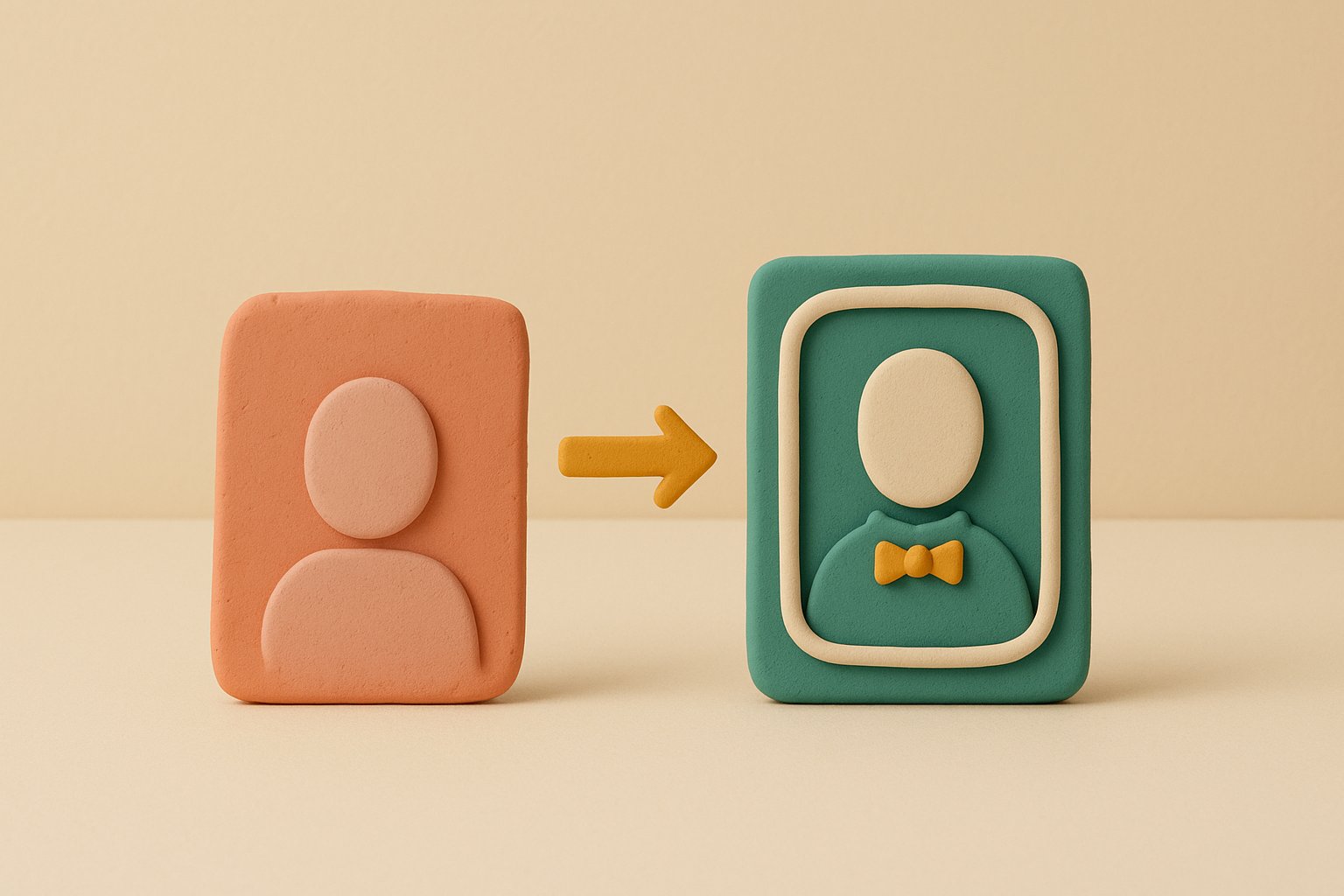 Clay-style illustration: a raw snapshot on the left, a framed and polished portrait on the right, joined by an arrow