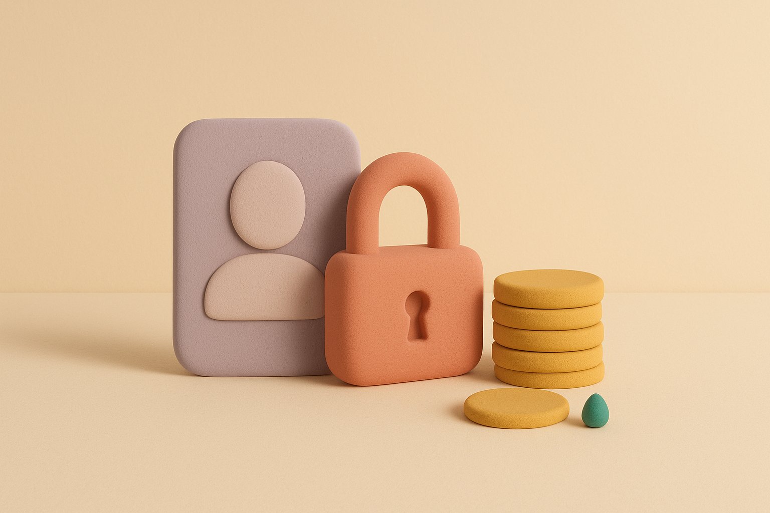 Clay-style illustration: a profile card, a padlock and a stack of tokens, standing for credits and a locked download