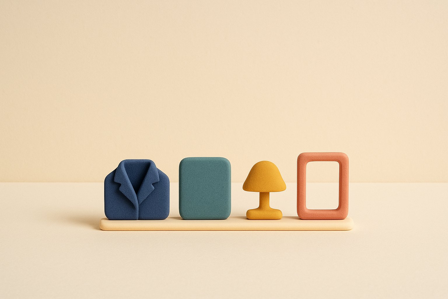 Clay-style illustration: a jacket lapel, a backdrop panel, a lamp and a frame lined up on a bar