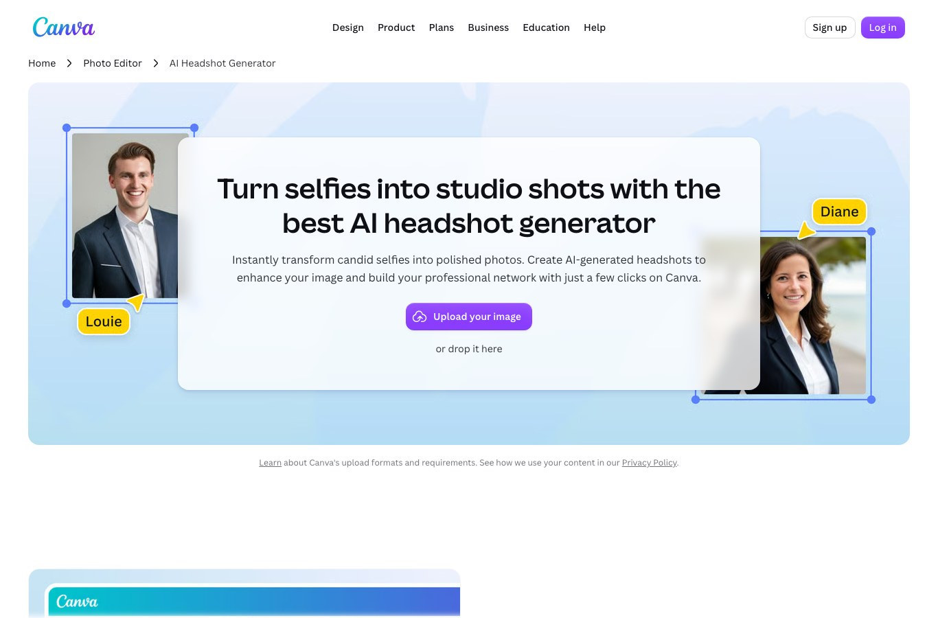 Canva's English AI Headshot Generator page, with the upload your image area