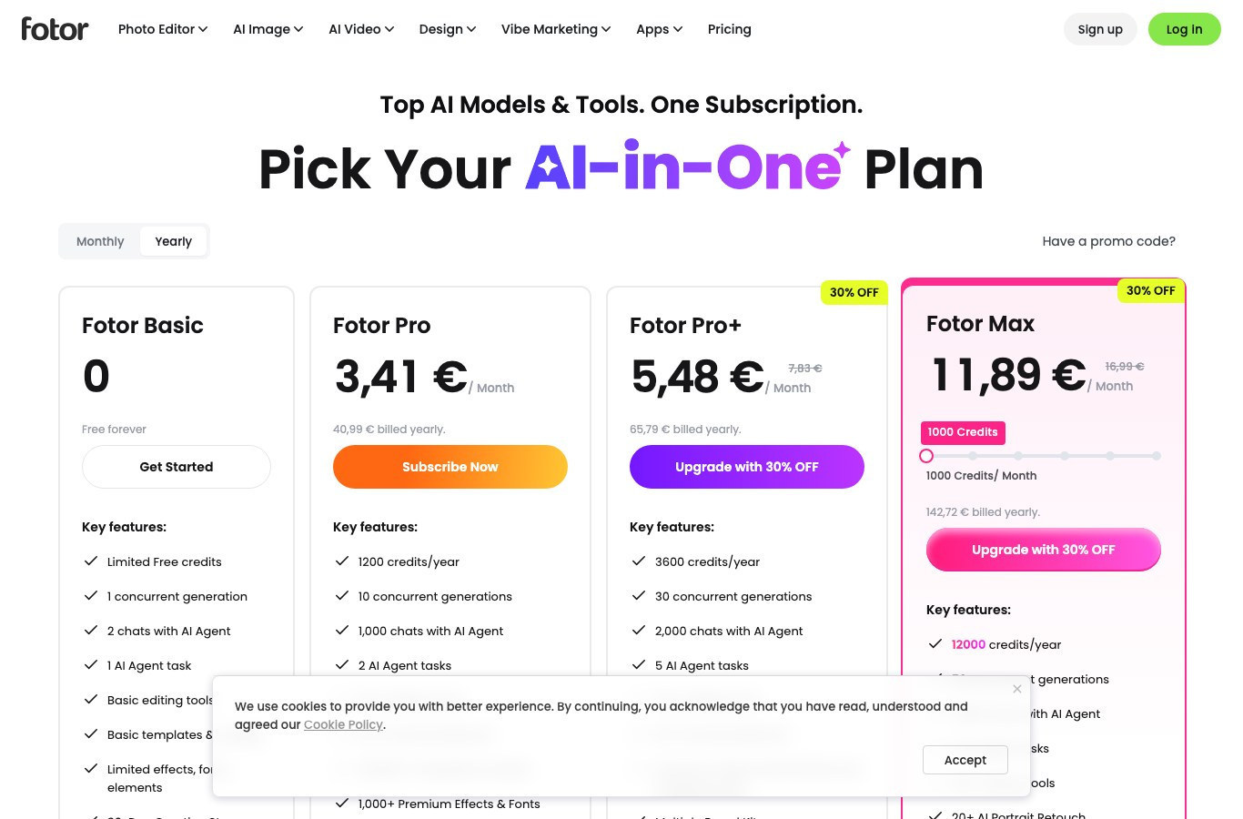 Fotor's English pricing grid, Basic free plan column with the watermarked exports line