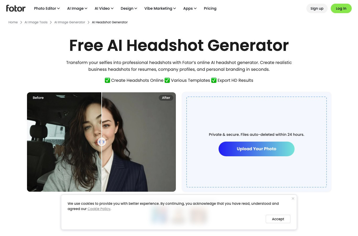 Fotor's English Free AI Headshot Generator page, with the checkmark row promising HD results