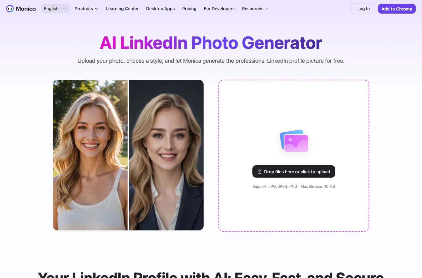 Monica's English AI LinkedIn Photo Generator page, with the upload area and the six professional styles