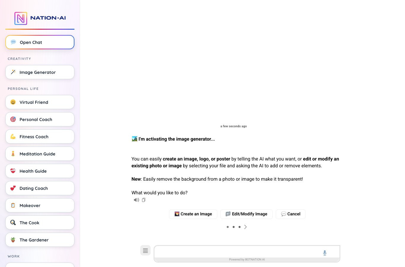 Nation AI's English interface with its create an image and edit image buttons