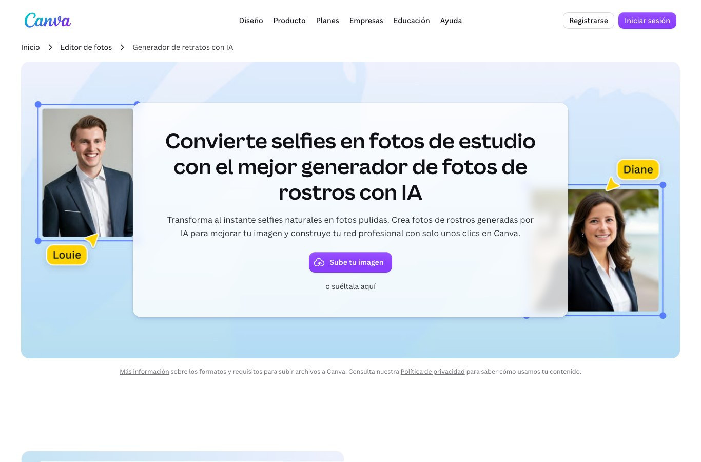 Página española del generador de retratos con IA de Canva, con la zona para subir la imagen