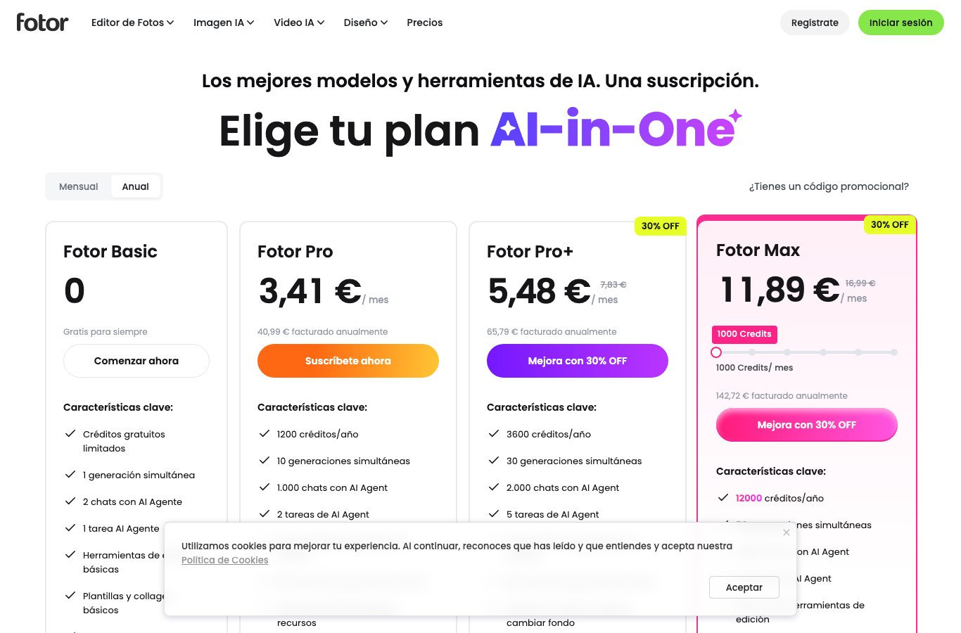 Tabla de precios de Fotor en español, columna del plan Basic gratuito con la mención exportaciones con marca de agua
