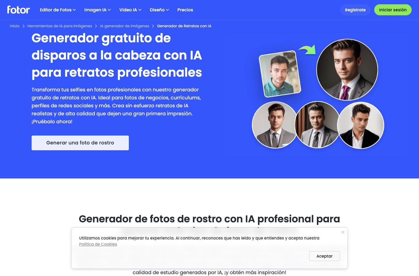 Página española del generador de retratos con IA de Fotor, con el título que anuncia un generador gratuito
