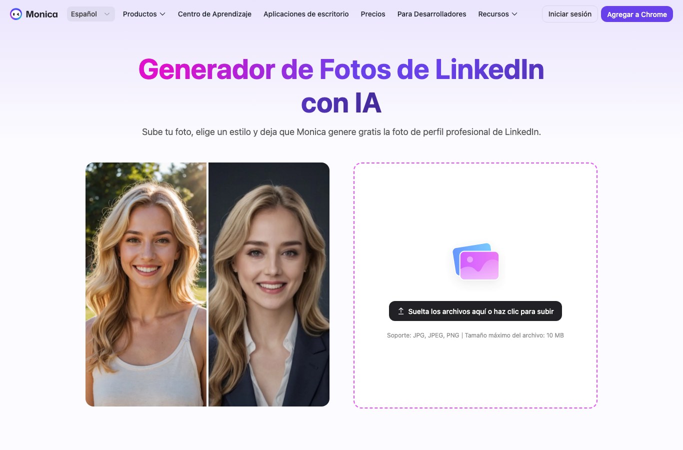 Página española de Monica, generador de fotos de LinkedIn con IA, con la promesa de generar la foto de perfil gratis