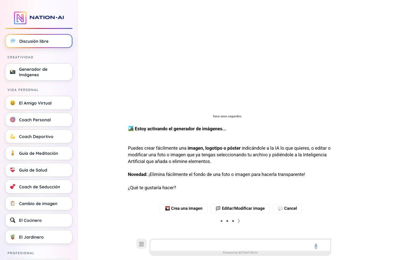 Interfaz de Nation AI en español con los botones para crear una imagen y para editar o modificar una imagen