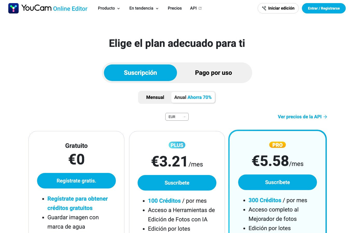 Tabla de precios española de YouCam: plan gratuito a 0 euros, Plus a 3,21 euros y Pro a 5,58 euros al mes