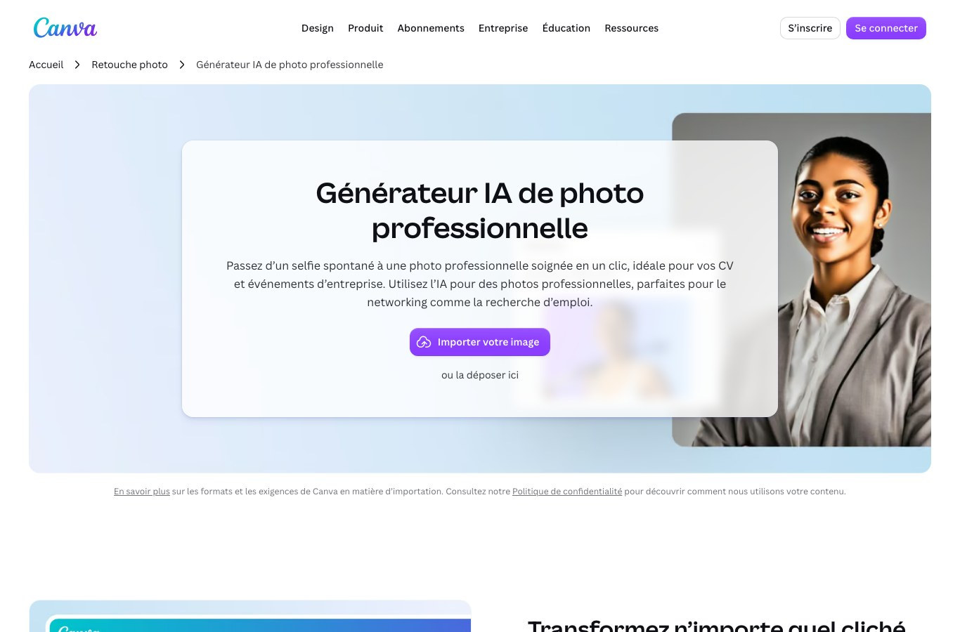 Page française du générateur IA de photo professionnelle de Canva, avec la zone d'import d'image