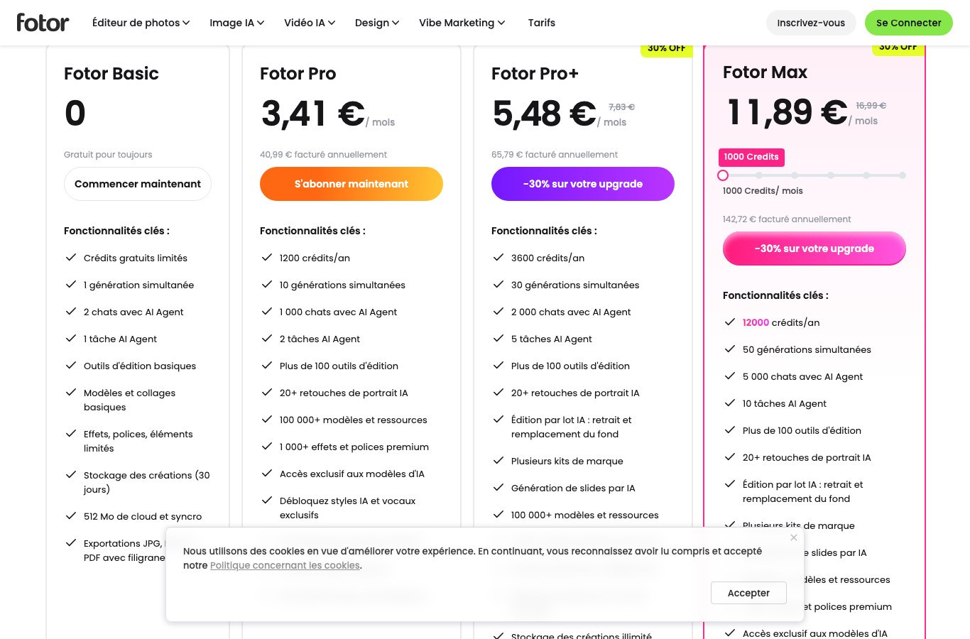 Grille tarifaire de Fotor en français, colonne du plan Basic gratuit avec la mention exportations avec filigrane