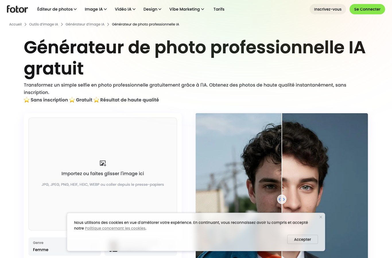 Page française du générateur de photo professionnelle IA de Fotor, avec la mention sans inscription et gratuit