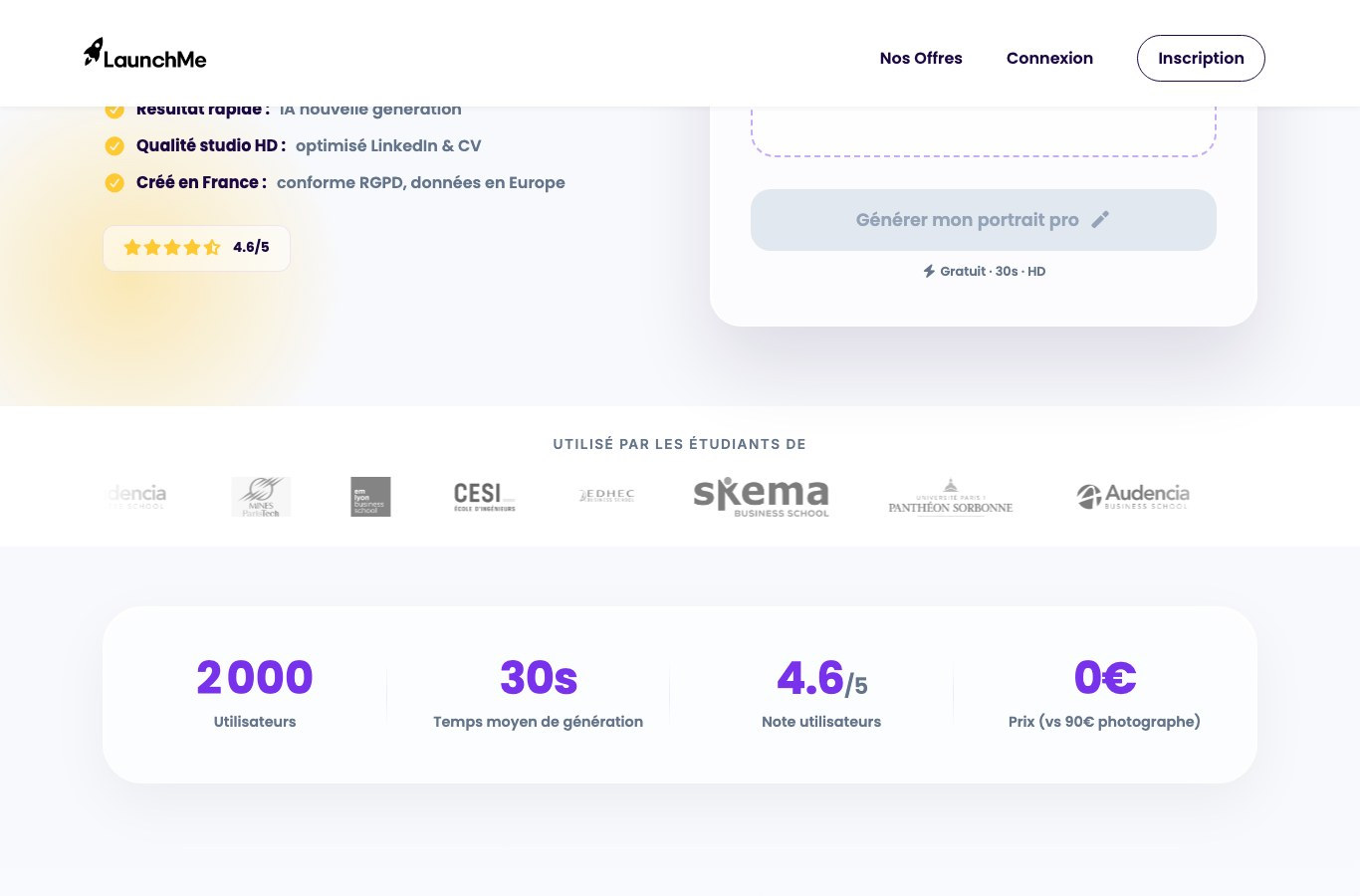 Page française de LaunchMe, générateur de photo de CV et LinkedIn, avec ses chiffres clés
