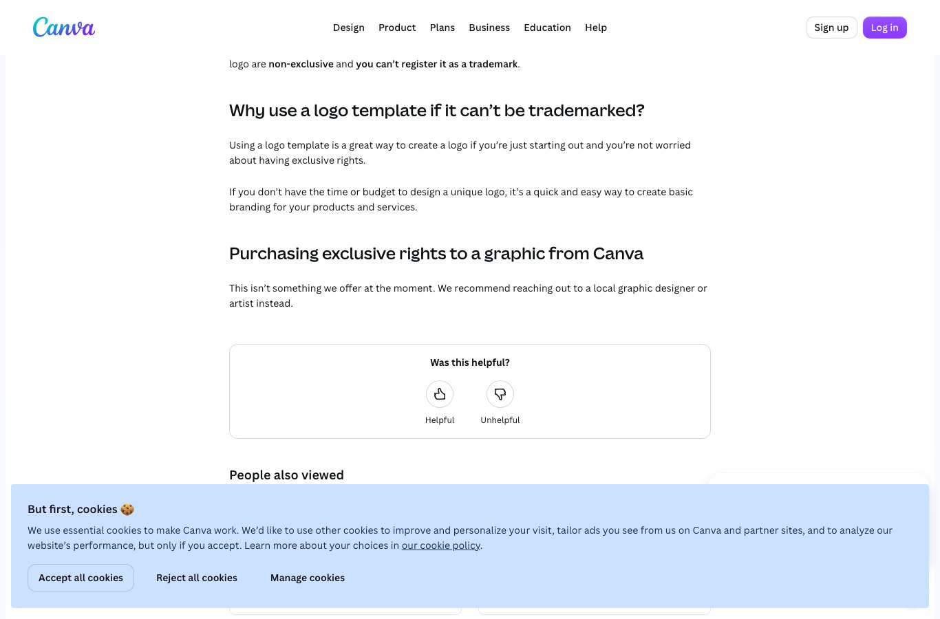 Canva help center stating that a logo built from a template cannot be registered as a trademark