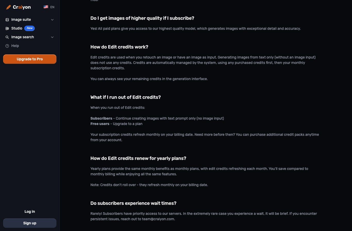 Craiyon FAQ: edit credits are consumed as soon as there is an image input