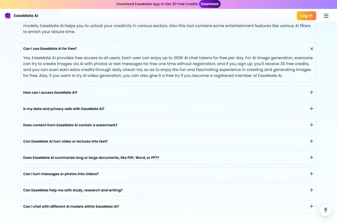 EaseMate AI FAQ: one free try without registration and then 30 credits on sign-up